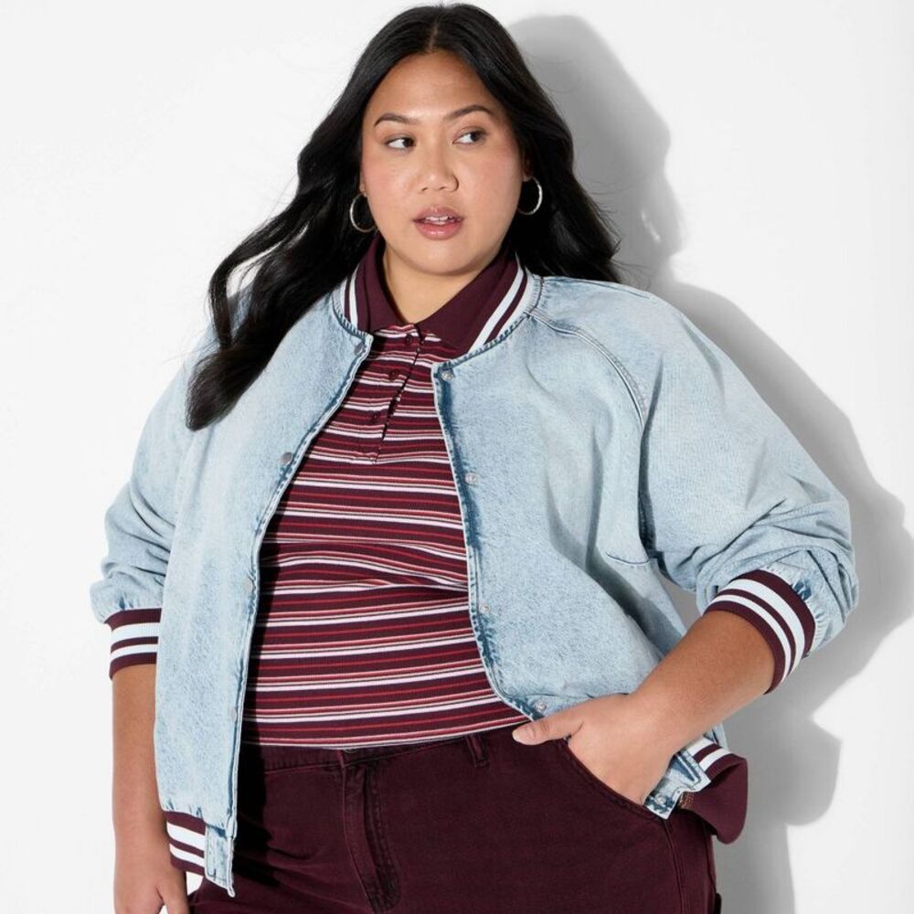 Women's Denim Varsity Jacket - Wild Fable Medium Wash XXL